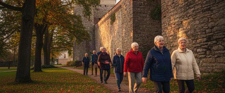 Senioru grupa pie Cēsu pils akmens mūriem rudens saulē