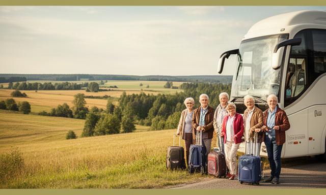 Senioru ceļotāji ar somām pie autobusa Vidzemes ainavā