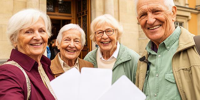 Senioru ceļotāji pie muzeja ieejas ar biļetēm rokās